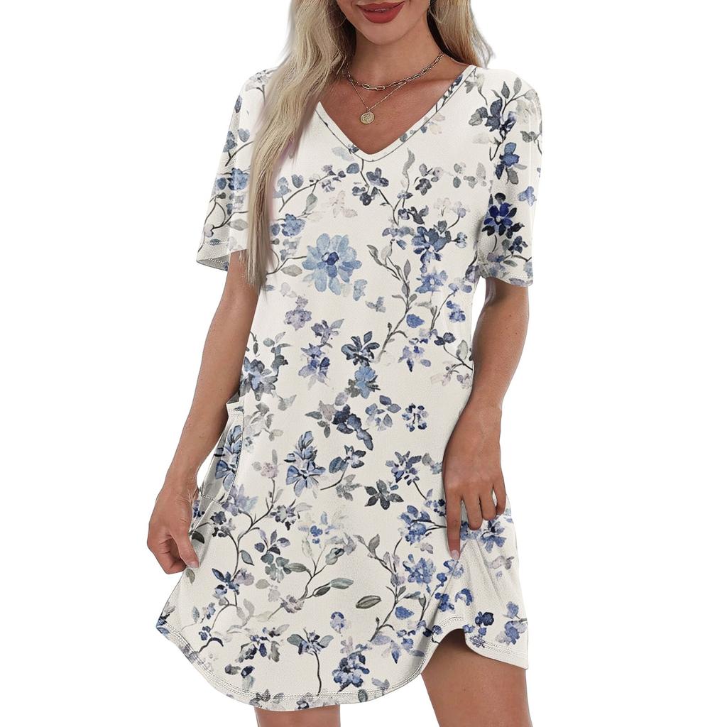 Women's Summer Fashion Casual V-Neck Floral Print Short Sleeve Pocket Dress