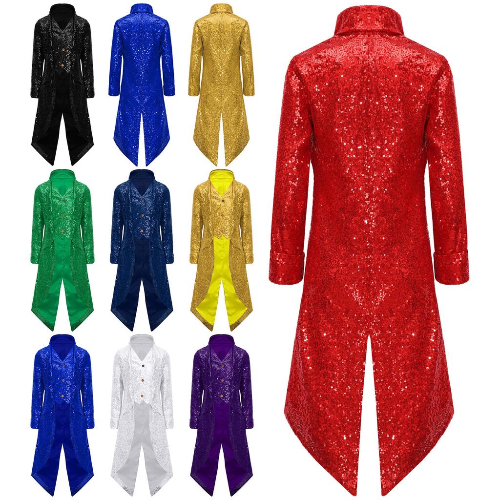 Boys Medieval & Victorian Performance Coat: Steampunk Gothic Long Jacket with Sequins, Stage & Halloween Costume