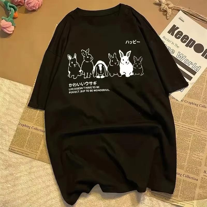 Japanese Cute Rabbit Pattern Women Summer Short Sleeve Shirt Summer Casual Streetwear Lady Clothes Harajuku Oversized T Shirt