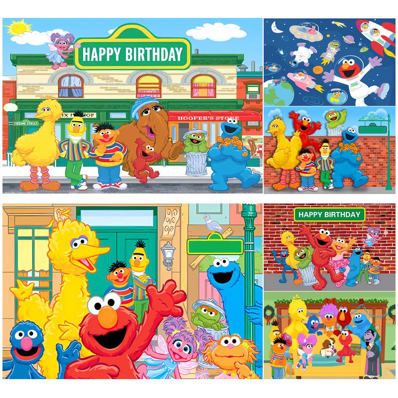 Sesames -Street Birthday Backdrop Cartoon Elmo Bird Cookie Monster Party Banner Kids Birthday Photo Background Decor Supplies