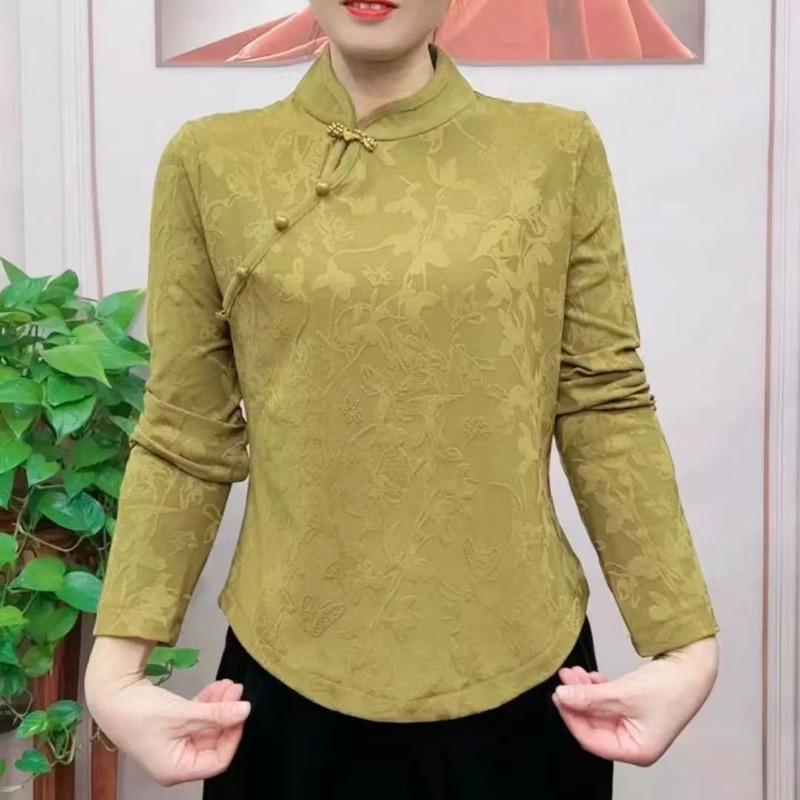 Новый этнический стиль Новая китайская мода Темперамент Жаккард Ретро Воротник-стойка Нижняя пуговица Топ с длинными рукавами