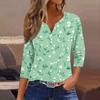 Women's Fashion Casual Flowers Print V-Neck Decorative Button Three-quarter Sleeve T-Shirt Top
