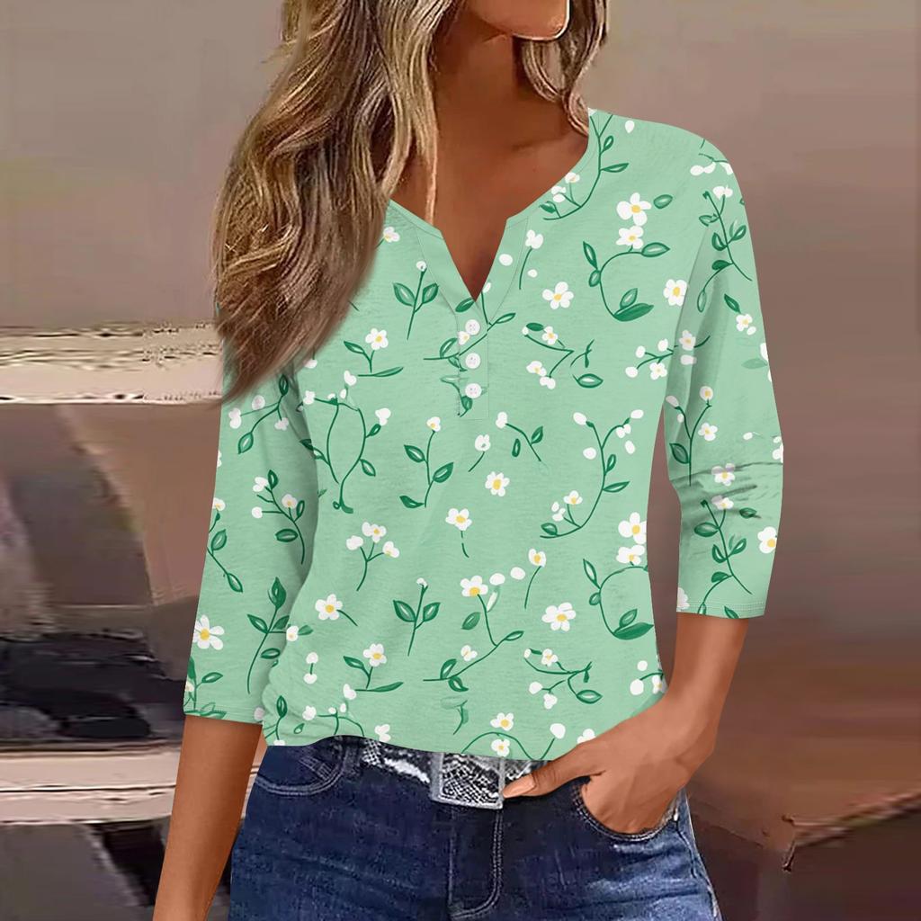 Women's Fashion Casual Flowers Print V-Neck Decorative Button Three-quarter Sleeve T-Shirt Top