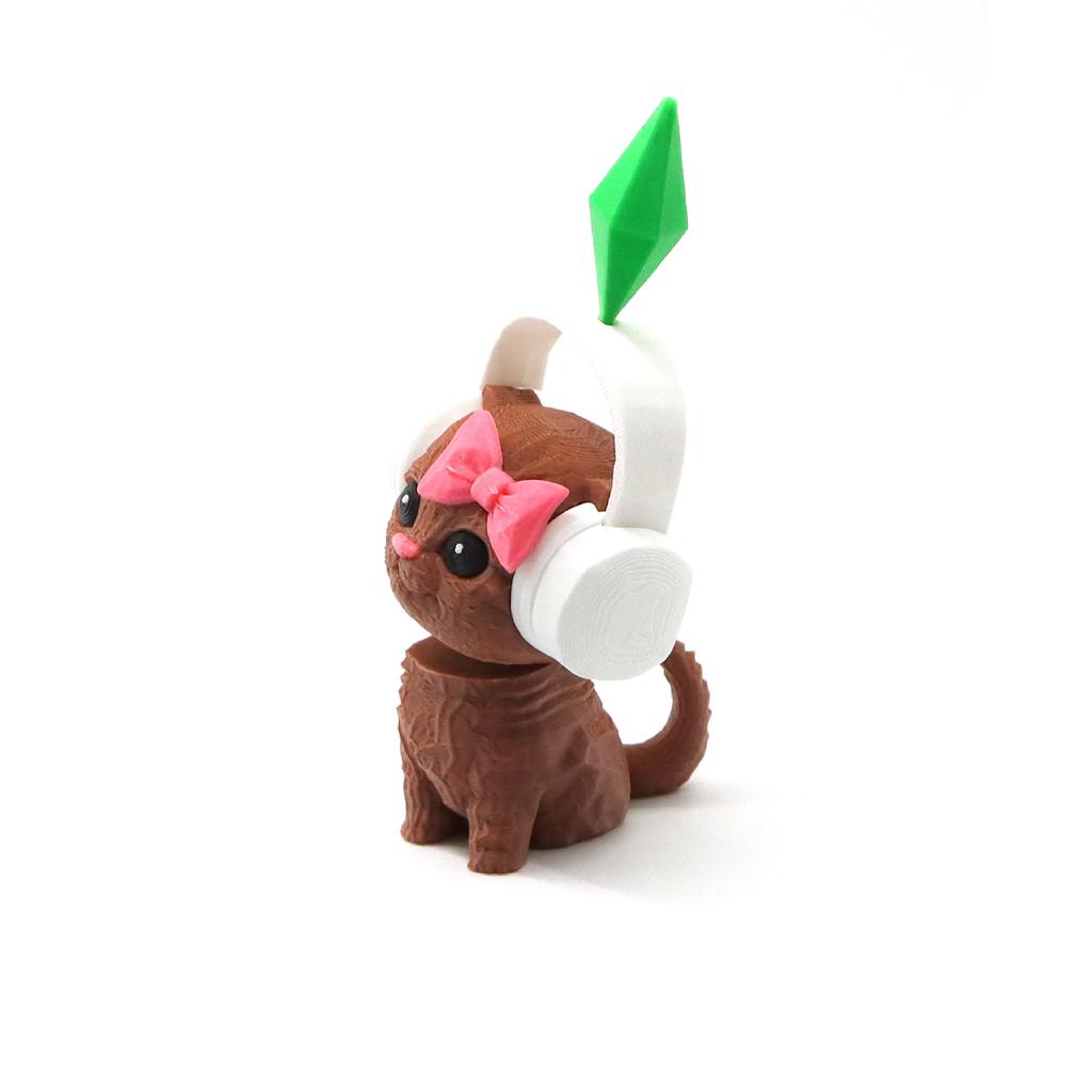 3D-печатная фигурка кота Sim-S с наушниками и декором Plumbob - Милая геометрическая статуэтка котенка, Декор для домашнего стола, Кавайные акценты, Подарок