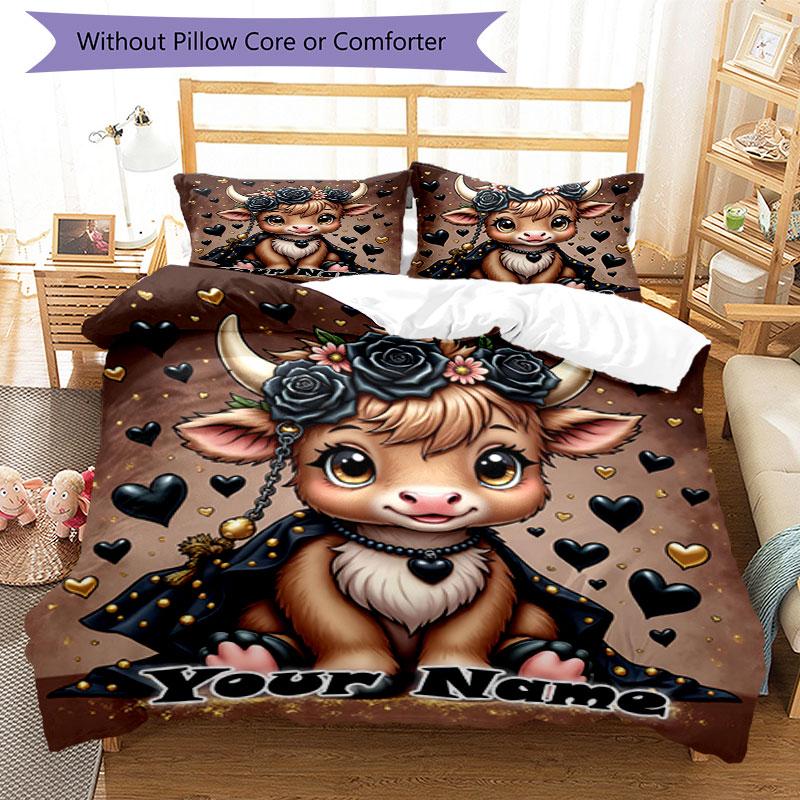3PC Custom Name Fantasy Cow Flowers Bedding Set Printed Bedding Set Duvet Cover Closure Includes 1 Duvet Cover & 2 Pillowcases for All Seasons Bedroom