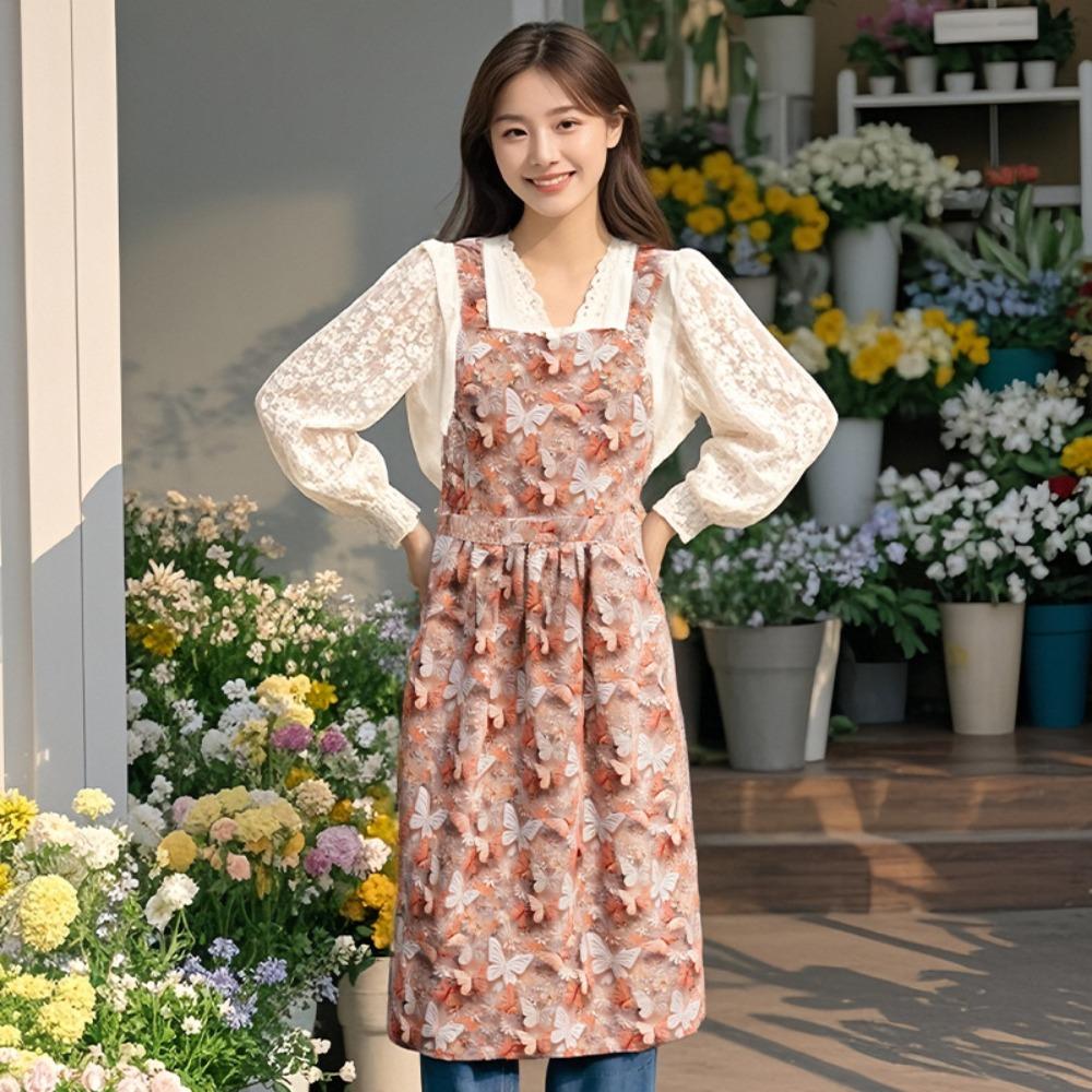 Фартук ручной работы с узором бабочки, сказочный стиль, винтажный фартук, фартук с оборкой, салон красоты