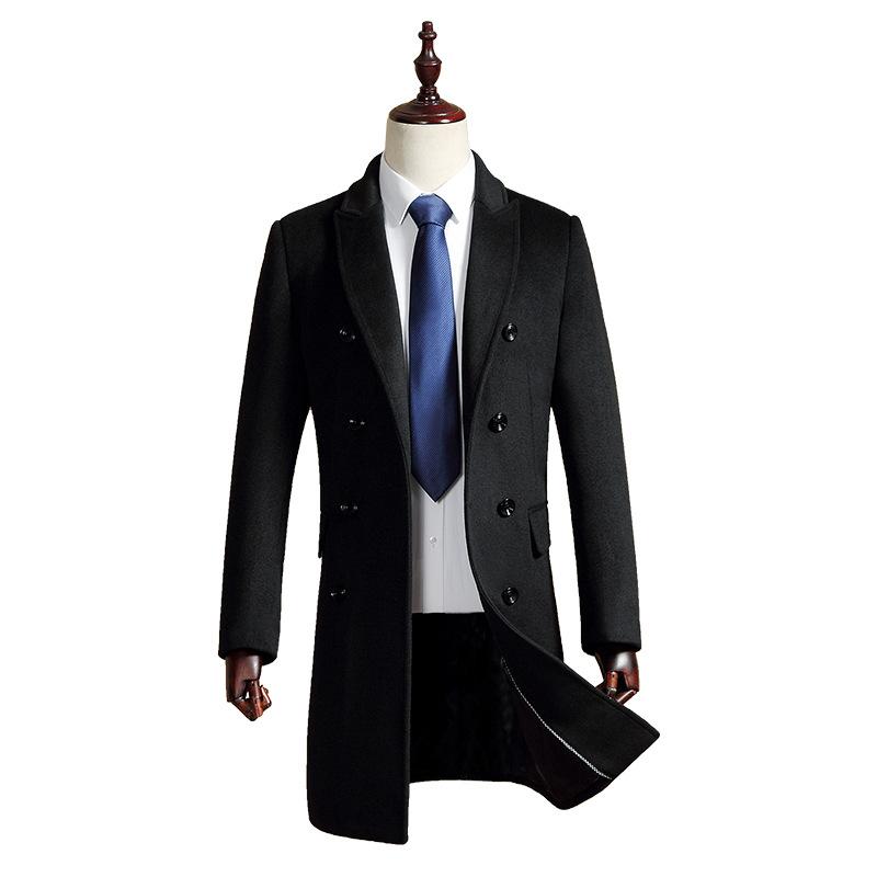 Осень и зима Новое мужское шерстяное пальто Тренчкот корейской версии Приталенный крой Средней и длинной двубортное шерстяное пальто Пальто