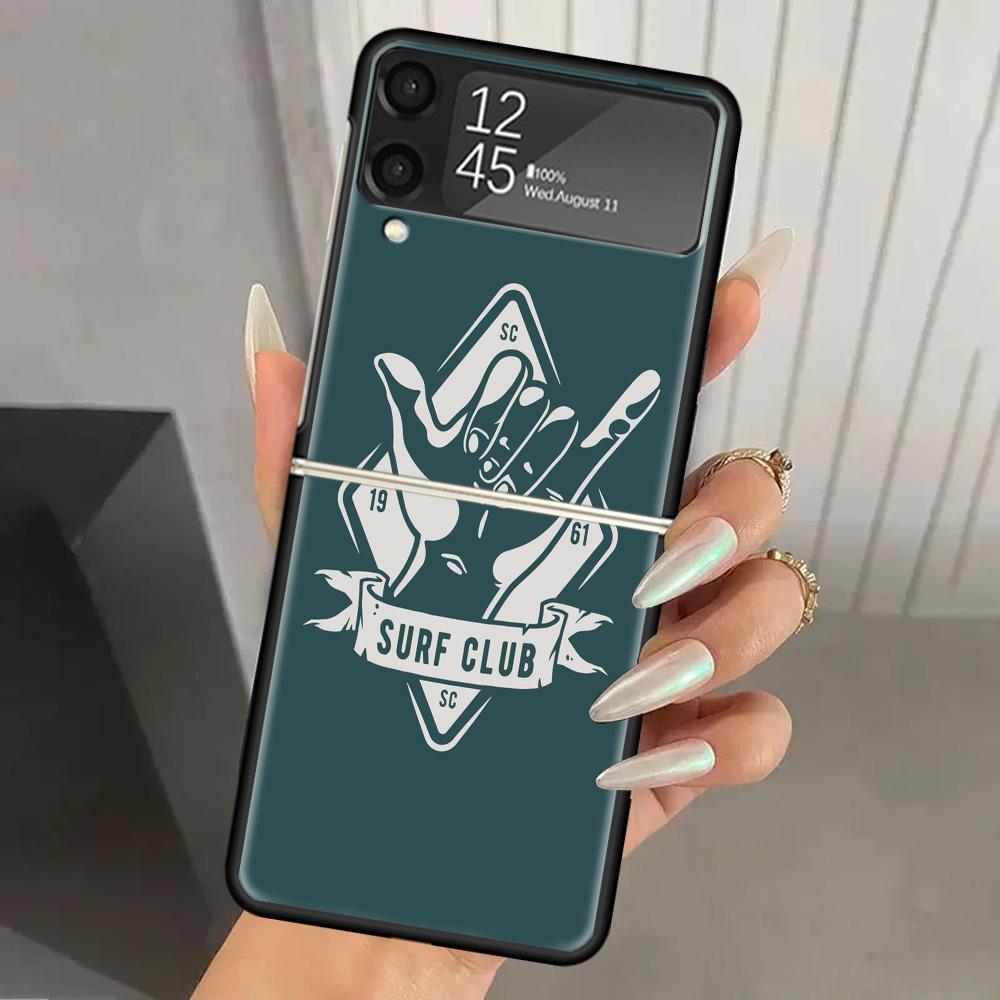Surf Board Aesthetic Hard PC Phone Case For Samsung Galaxy Z Flip 7 6 5 4 3 Black ZFlip7 ZFlip6 Flip5 Flip4 Flip3 5G Print Cover