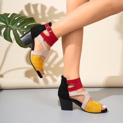 Босоножки большого размера в римском стиле на толстом каблуке для женщин, летние, новый цветной блок, женская обувь, верх формы «рыбий рот», полиэстер, резина