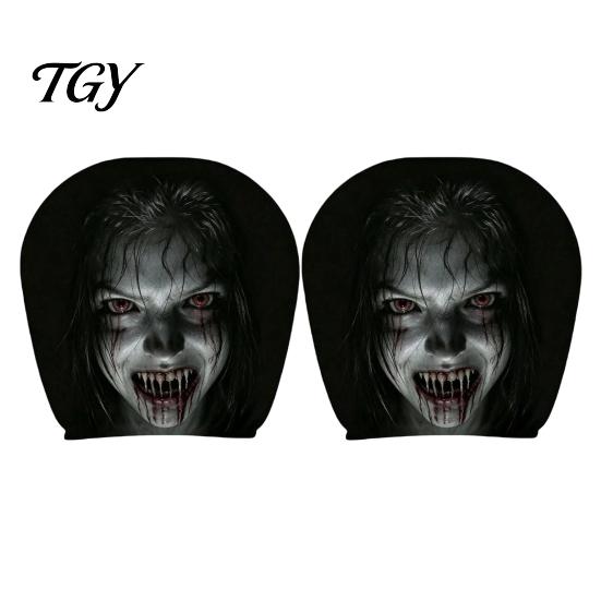 Seasonal Car Interior Decorations 2Pcs Funny Headrest Covers, Scary Faces Easy Install Auto Protector Seat Protectors, Universal Breathable
