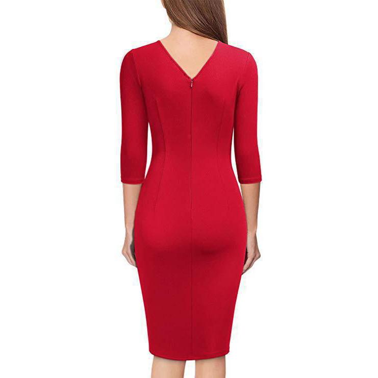 Women V-Neck Dress 3/4 Sleeves Pencil Midi Dress Solid Color Party Club Dress Elegant Office Business Dress