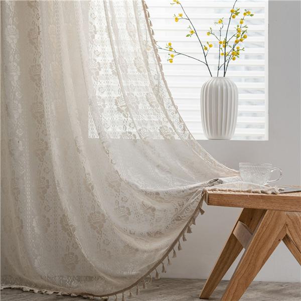 Романтические шторы Бежевые вязаные крючком Полупрозрачные американские деревенские выдолбленные гостиные Балкон Спальня Украшение эркера Художественный стиль