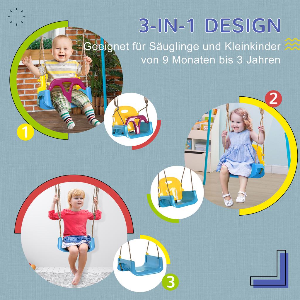 3 in 1 Detachable Kids Swing Seat with Seatbelt. Adjustable Rope for Indoor. Outdoor. Light Blue