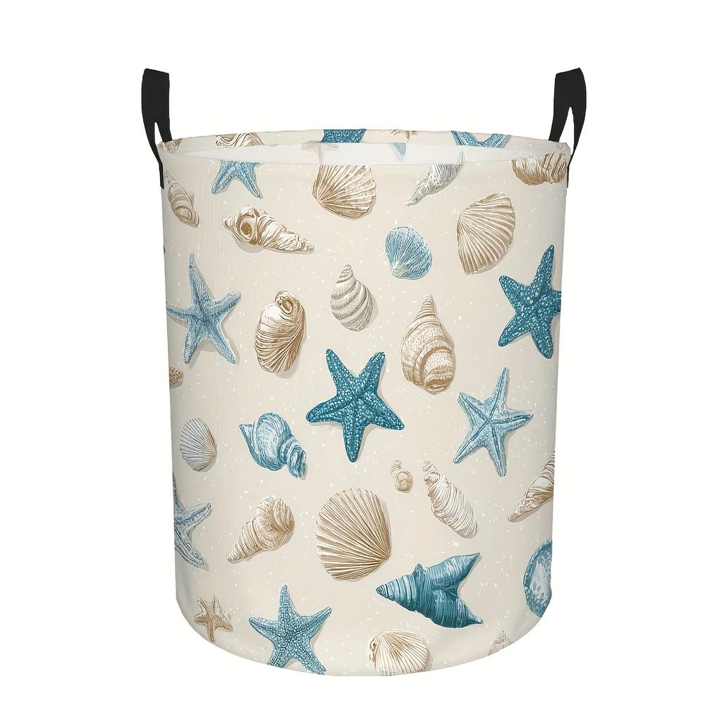 1pc, Circular Nautical Laundry Bin Featuring Turquoise Blue Starfish And Seashells, Beige Ocean-Inspired Storage Basket with Durable Black Handles, La