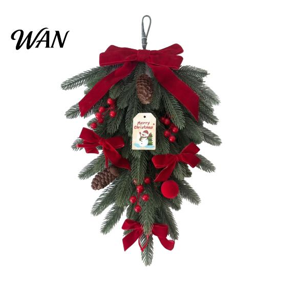 Christmas Teardrop Swag with LED Lights, Artificial PE Pine Hanging Decoration Reusable Gift for Friends Red Bow Pinecones Berries Front Door
