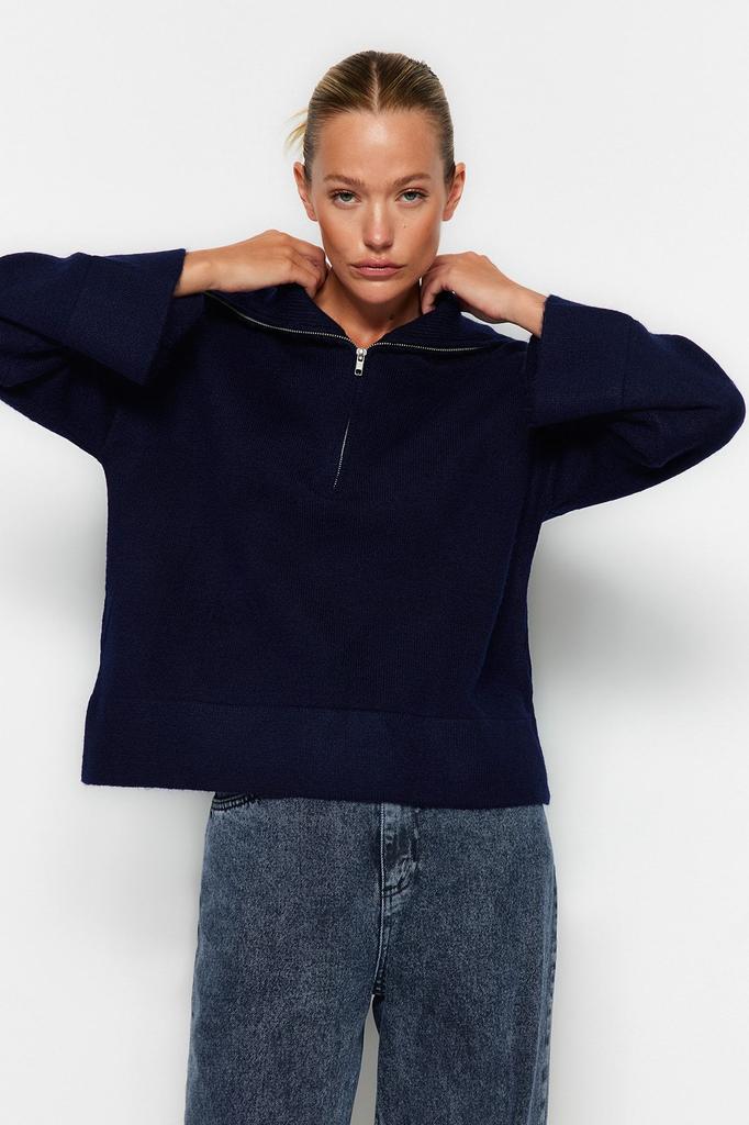 Women's Fashionable Stylish Sweater Stone Wide Fit Soft Textured Zippered Knitwear Sweater