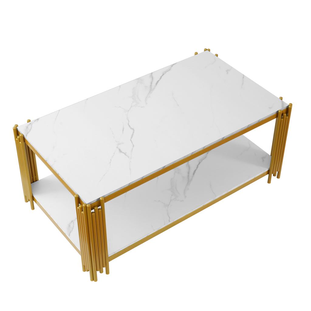 Rectangular Coffee Table with Metal Legs, Marbled Tabletop, Modern Living Room Furniture, White-Gold – H46/B1140/T64 cm