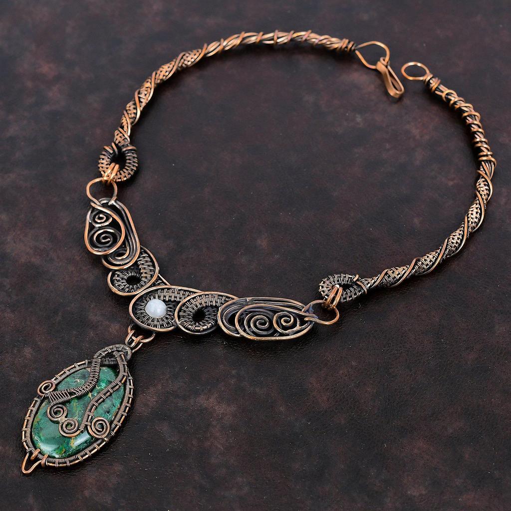 Ожерелье из куприта и хризоколлы, медная проволока, ожерелье из драгоценных камней, медная проволока ручной работы, ювелирные изделия, ожерелье из радужного лунного камня, подарок для мамы