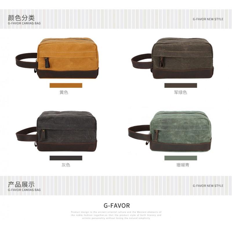 Mens Wax Canvas Toiletry Bag Vintage Handheld Clutch With Leather Wrist Strap Travel Grooming Pouch