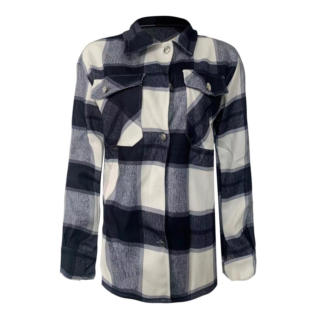 Women's And Winter Fashion Loose Plaid Print Pocket Long Sleeve Jacket