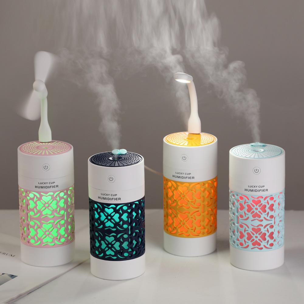 3 In 1 Mini Lucky Cup Humidifier Usb Ultrasonic Aroma Diffuser Essential Oil Diffuser With Led Light Usb Fan For Car Humidifiers