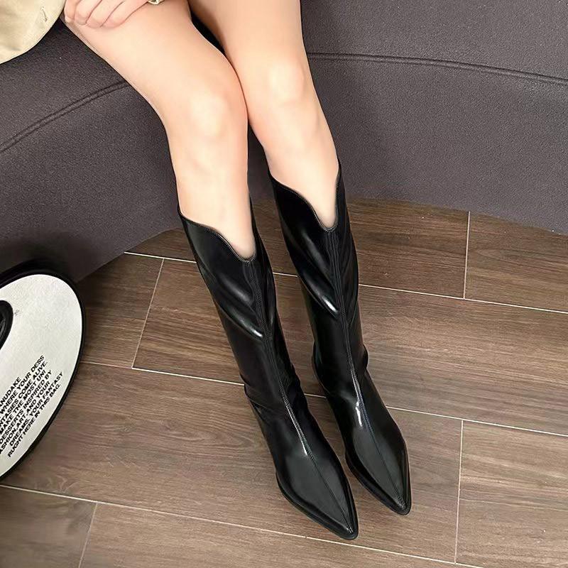 Уличный стиль, дизайнерские женские сапоги до колена, модные, с острым носком, длинные, с квадратным каблуком, обувь на осень-зиму