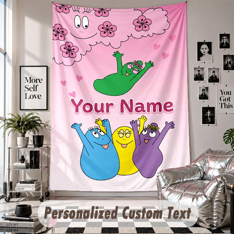 Wall Hanging Tapestry With Custom Name & Text, Barbapapa Decorative Tapestry For Bedroom
