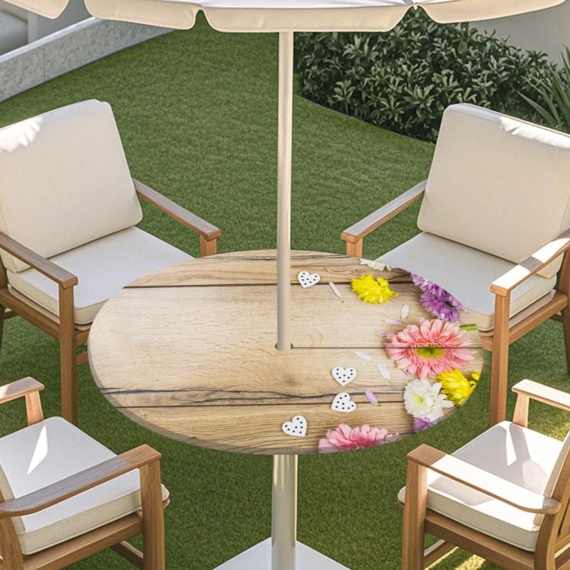 Outdoor Round Table Cover With Floral Leaf Print Waterproof Elastic Hem Patio Garden Dining