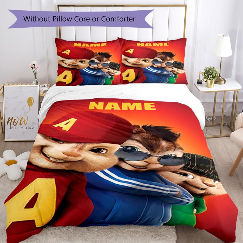 3pcs Custom Name Alvin and the Chipmunks Bedding Set Duvet Cover Closure Includes 1 Duvet Cover & 2 Pillowcases, Soft and Comfortable for All Seasons.
