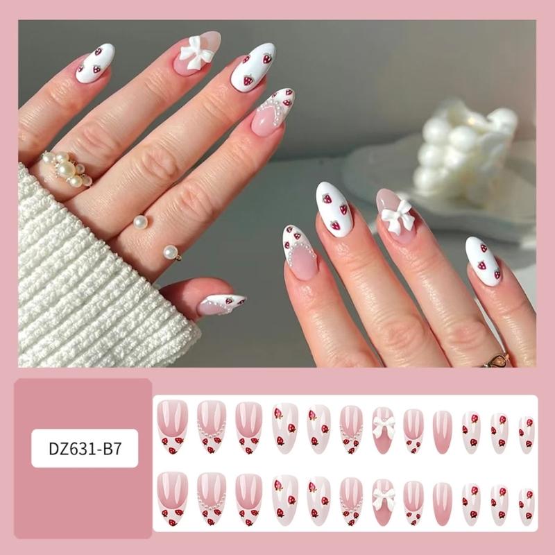 24pcs Short Almond False Nail Acrylic Artificial Nail Full Cover Stick On Nail with 3D Bows and Strawberry Designs