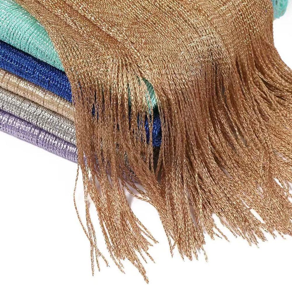 Fashion Lace Tassels Silk Scarf Sunscreen Thin Golden Silvery Shiny Scarves Neck Cover Bright Hollow Shawl Beach Travel Smock