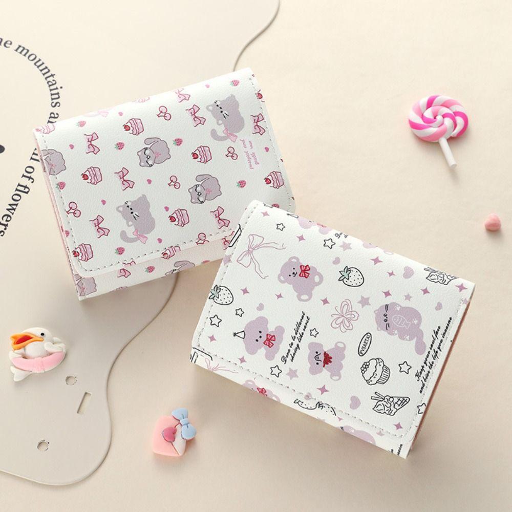 Портмоне для девочек с несколькими отделениями для карт, портативный трехслойный кошелек с изображением медведя из мультфильма, короткий кошелек для студентов