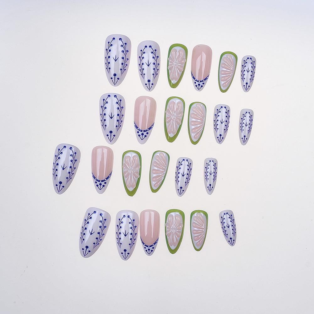 24-Piece Summer Lime Almond French 3D Handmade Wearable Faux Nails Set