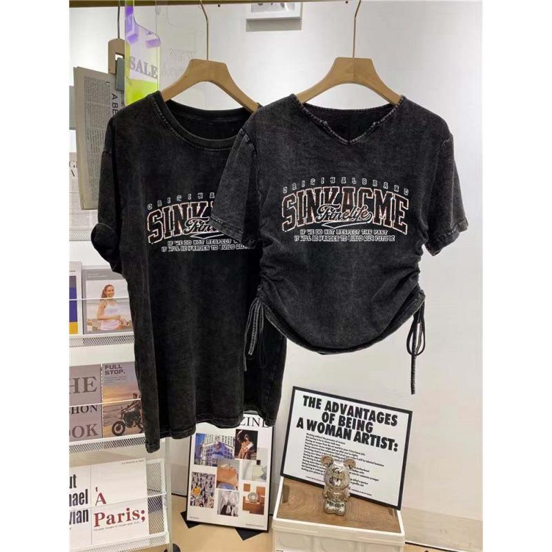 Женская футболка из чистого хлопка с коротким рукавом и принтом в стиле хай-стрит с эффектом потертости – Летняя коллекция 2025 года в национальном стиле