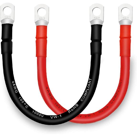 4 AWG Battery Cables with 3/8 inch Copper Terminals(2PCS 1FT)