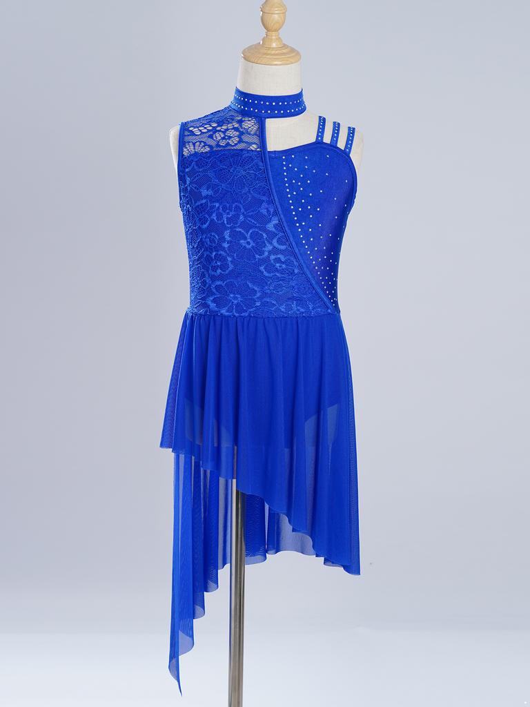 Платье-трико для девочек с воротником-стойкой, цветочным кружевом, стразами, асимметричными плечами и неровным подолом, лирический танцевальный костюм