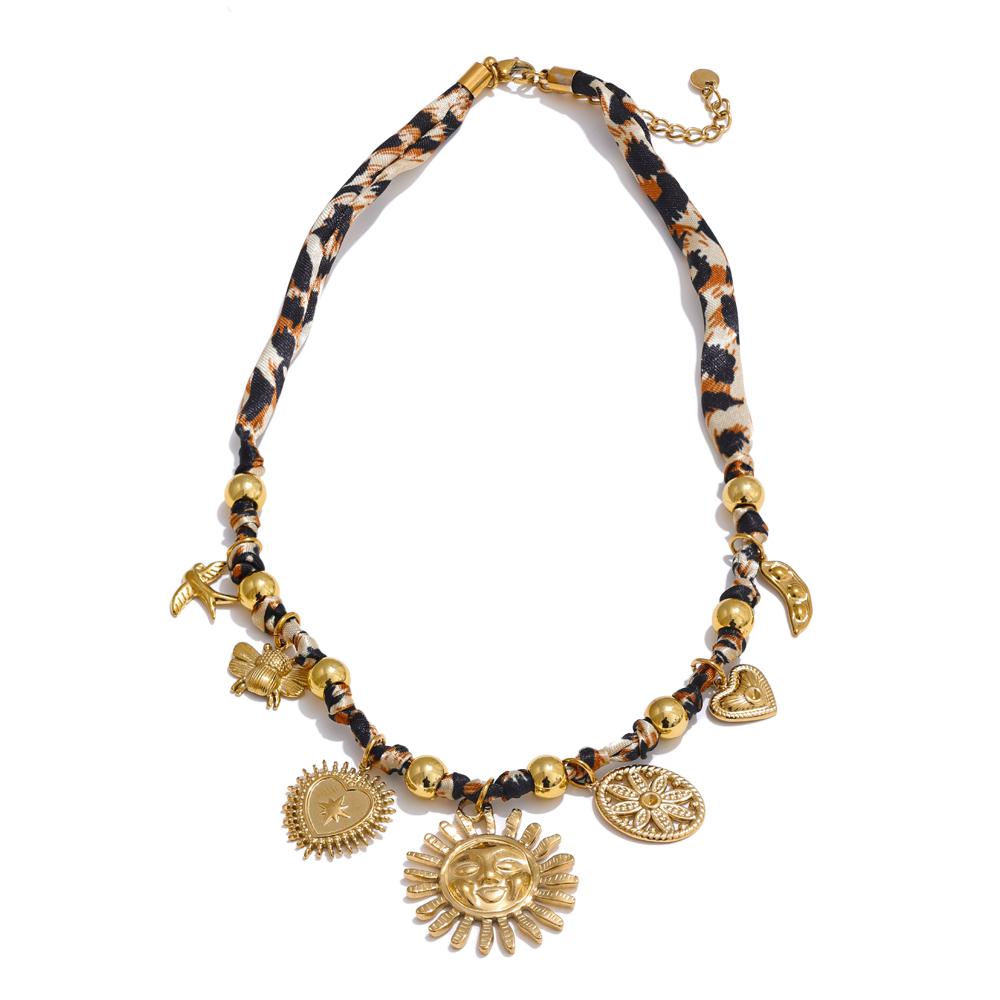 Yhpup Popular Stainless Steel Leopard Polyester Sun Flower Heart Insect Drop Collar Necklace PVD Plated Fashion Jewelry Gift