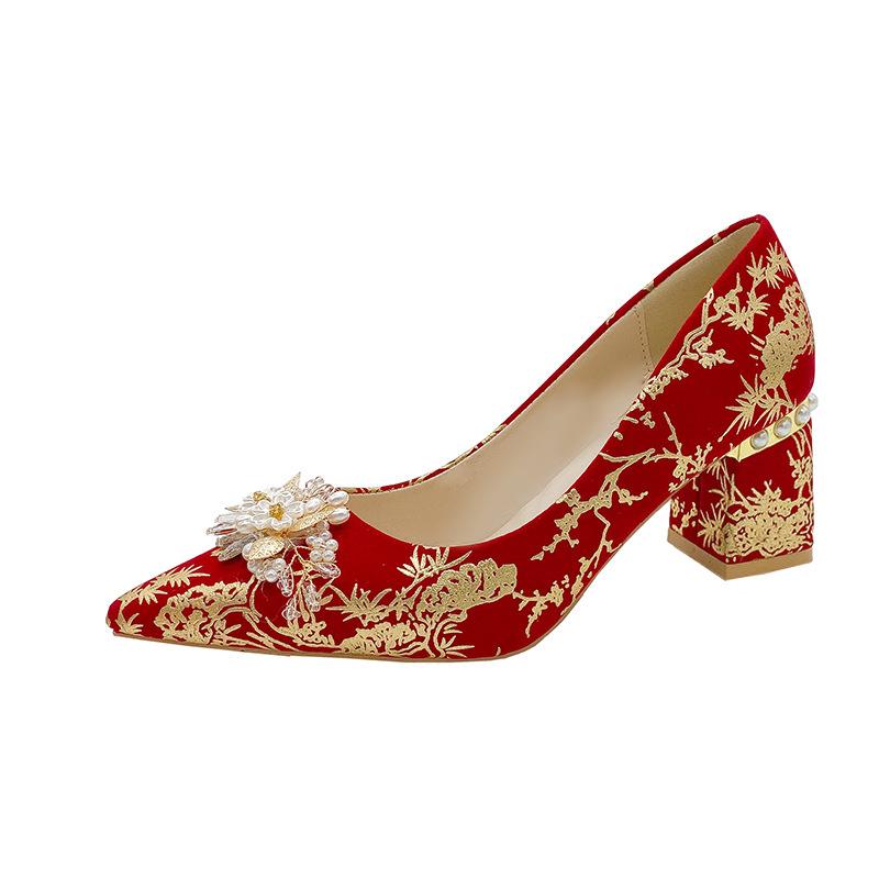 Wedding Shoes Women's New Bridal Shoes Pointed Head Shallow Mouth Xiuhe Shoes Bridesmaid Dress Shoes Thick Heel Wedding Shoes
