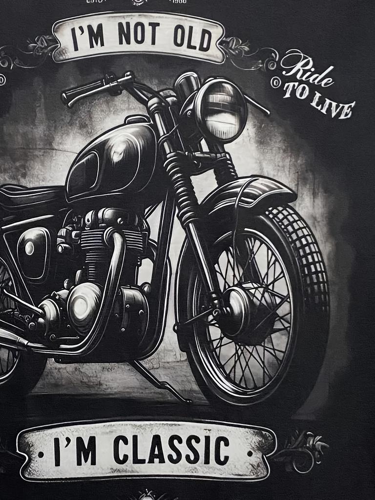 Men's Retro Motorcycle Pattern-Shirt- I'Not Old, I'Classic Retro Design, Black Short Sleeve Crew Neck Casual Shirt, Breathable Regular Fit All