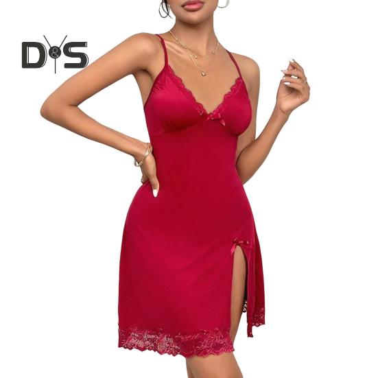 Женская ночная рубашка с V-образным вырезом на спине, без рукавов, с бантом, кружевом, цветочной вышивкой, ночная рубашка с тонкими бретельками и разрезом на подоле, ночная рубашка для брачной ночи на День святого Валентина
