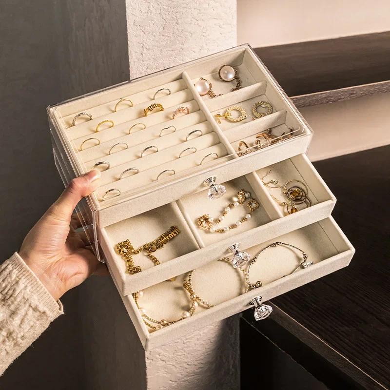 Velvet Stud Earrings Storage Box Three Layer Jewelry Organizer Dust Proof Drawer Design for Accessories Dressing Jewelry Box