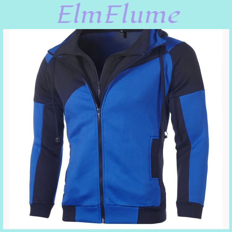 Mens Zipper Casual Sweatshirt Double Hooded Fleece Mens Hoodies Top Men Patchwork Color Jacket