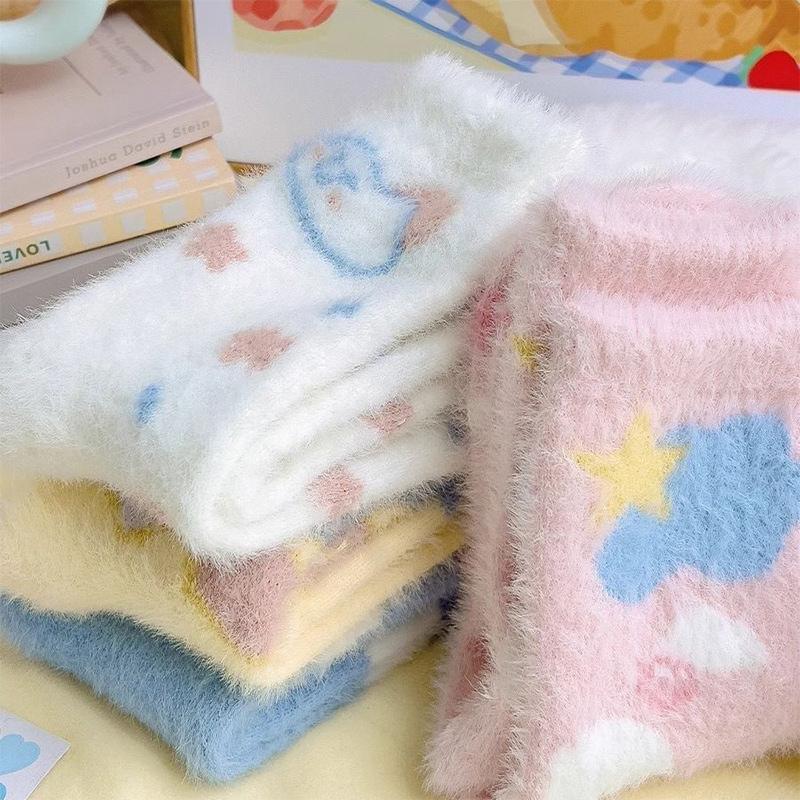 1/5pairs Cartoon Warm Thicken Sock Autumn Winter Fashionable Versatile Mid Socks Casual Comfortable Women's Socks Sleeping Socks