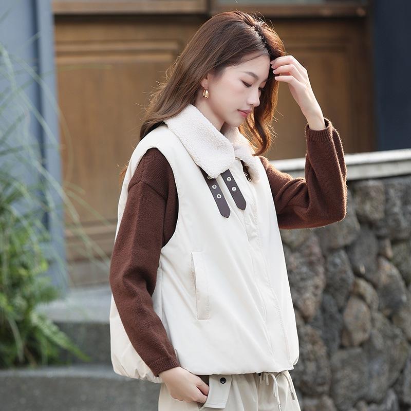 Korean lamb wool lapel cotton vest women's short casual cotton vest autumn and winter new vest cotton jacket vest