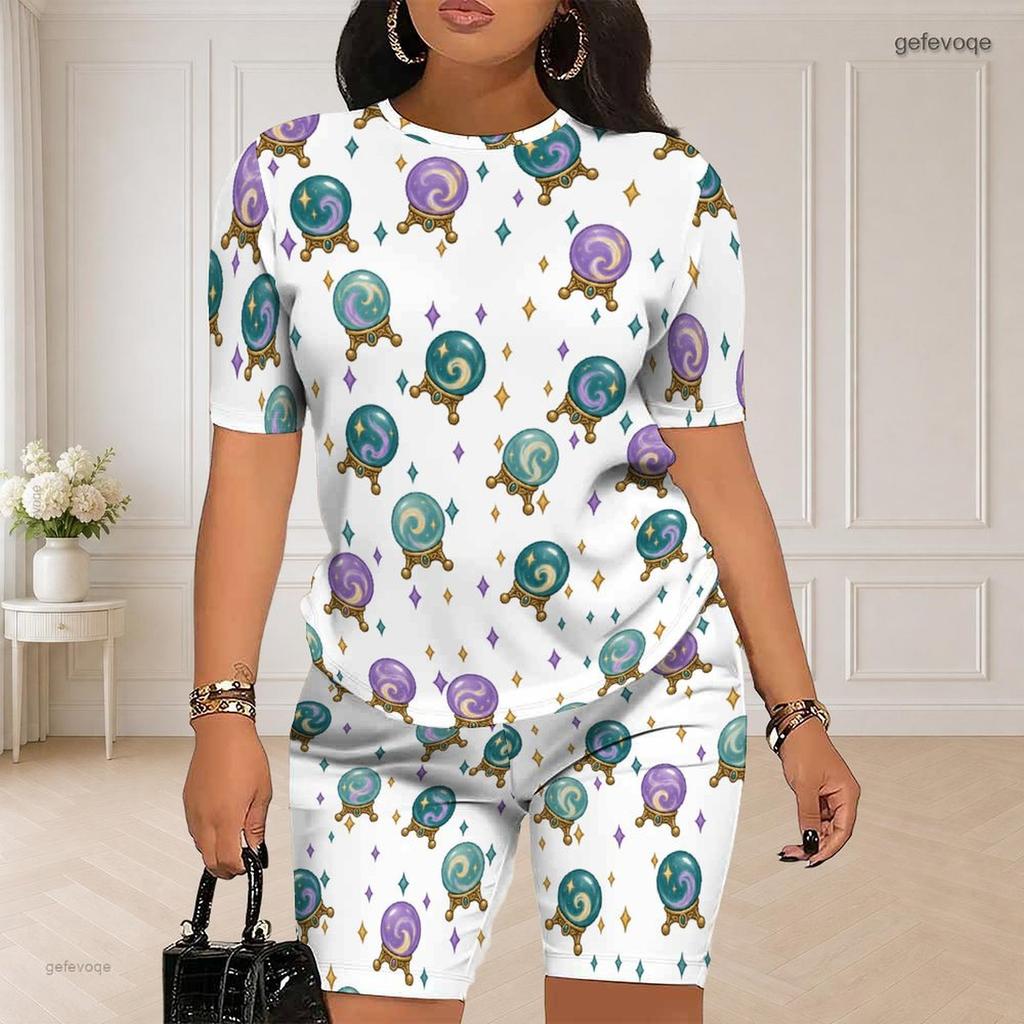 Women Plus Size Round Neck Short Sleeve Fish Skeleton Printed Top And Fitted Shorts Two Piece Set