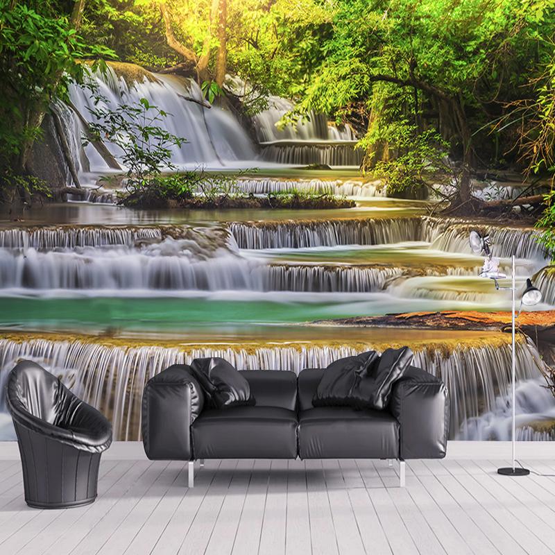 3D настенные обои, современное зеленое дерево, водопады, пейзажные фрески, гостиная, спальня, домашний декор, 3D наклейки на стену, фреска