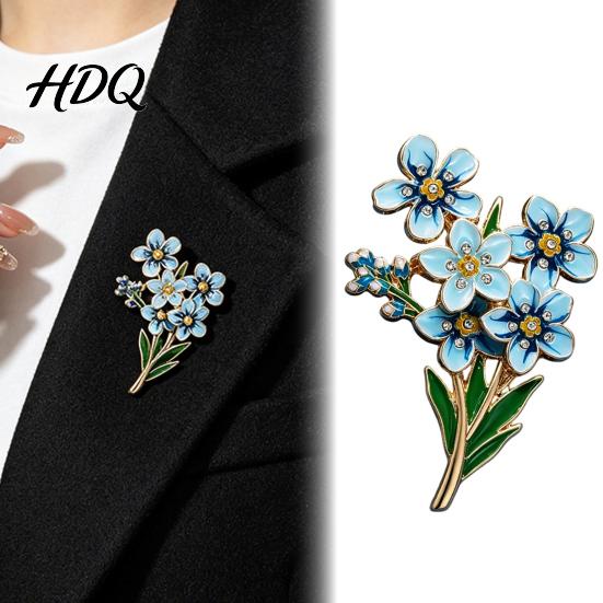 Gold Metal Lapel Pin Forget Me Not Flower Brooch Alloy Blue Floral Pin Memorial Enamel Artistic Clothing Accessory Brooch for Coat