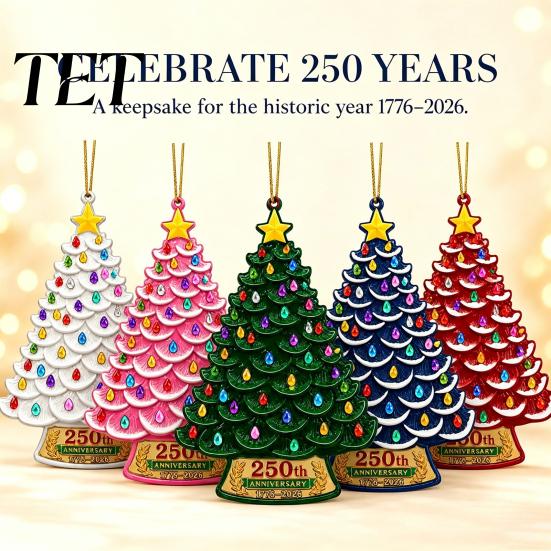 Flat Acrylic Ornaments 5 Pcs 2D 250 Anniversary USA Christmas Tree Ornament, Year Festive Room Decor of America 1776-2026 Patriotic Hanging Decoration