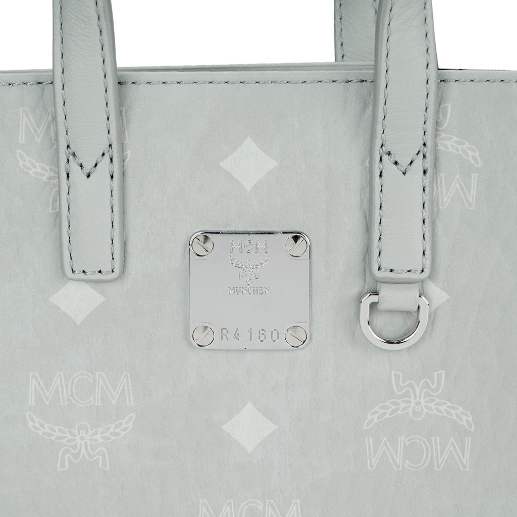 MCM Aren Monogram Print Detachable Adjustable Shoulder Strap Coated Canvas Napa Leather Trim Tote Shopping Bag Mini Women Tote Bag Gray MMTCSKC02FP001