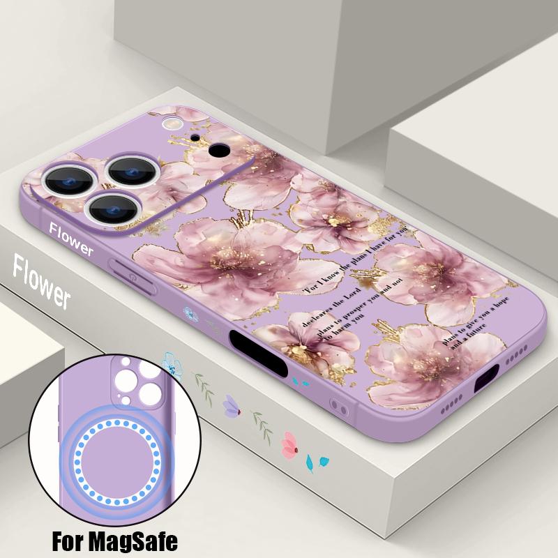 Чехол с принтом фиолетовых цветов для iPhone 17 Pro Max iPhone 16 15 14 13 Pro Max Магнитный Для Magsafe Мягкий силиконовый задний чехол для телефона